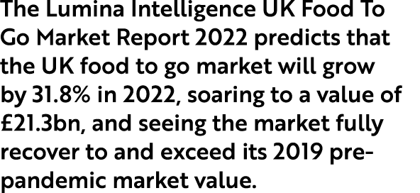 The Lumina Intelligence UK Food To Go Market Report 2022 predicts that the UK food to go market will grow by 31 8% in   