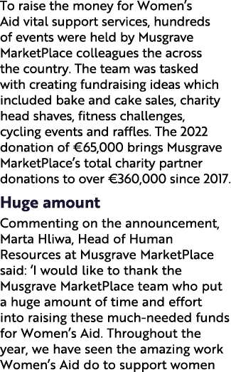 To raise the money for Women’s Aid vital support services, hundreds of events were held by Musgrave MarketPlace colle...