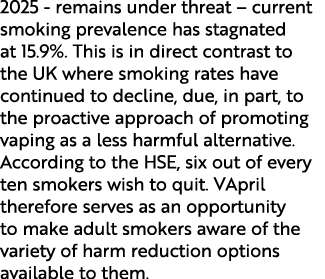 2025 remains under threat – current smoking prevalence has stagnated at 15.9%. This is in direct contrast to the UK w...