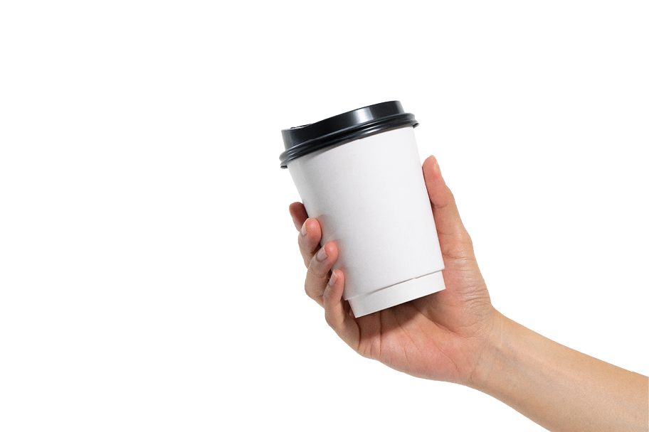 female hand holding a coffee paper cup isolated on white background.