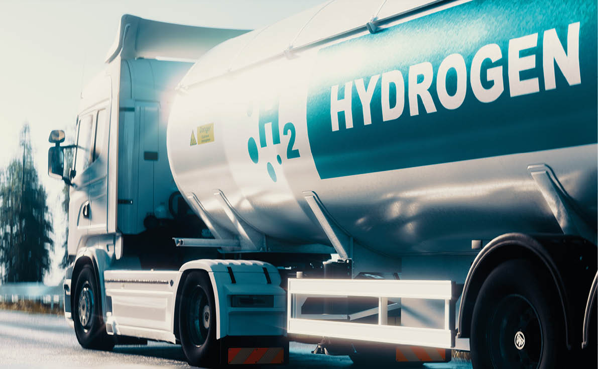 Hydrogen logistics concept. Truck with gas tank trailer on the road lined with solar power plants. 3d rendering