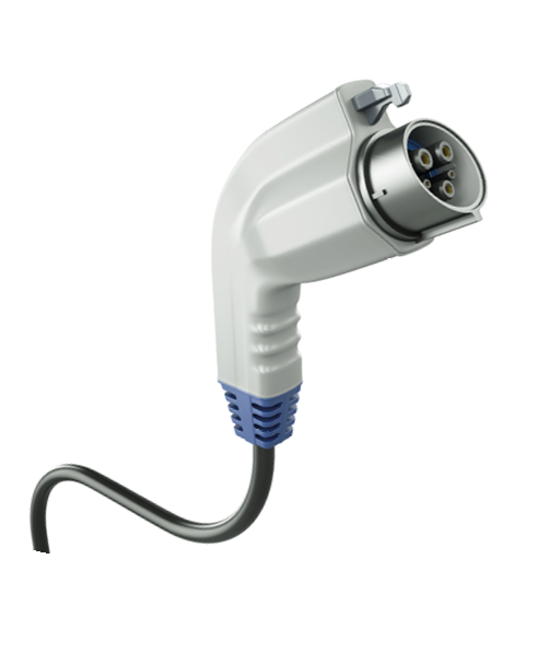 Closeup of electric car charging plug isolated on a white background. 3D rendered illustration