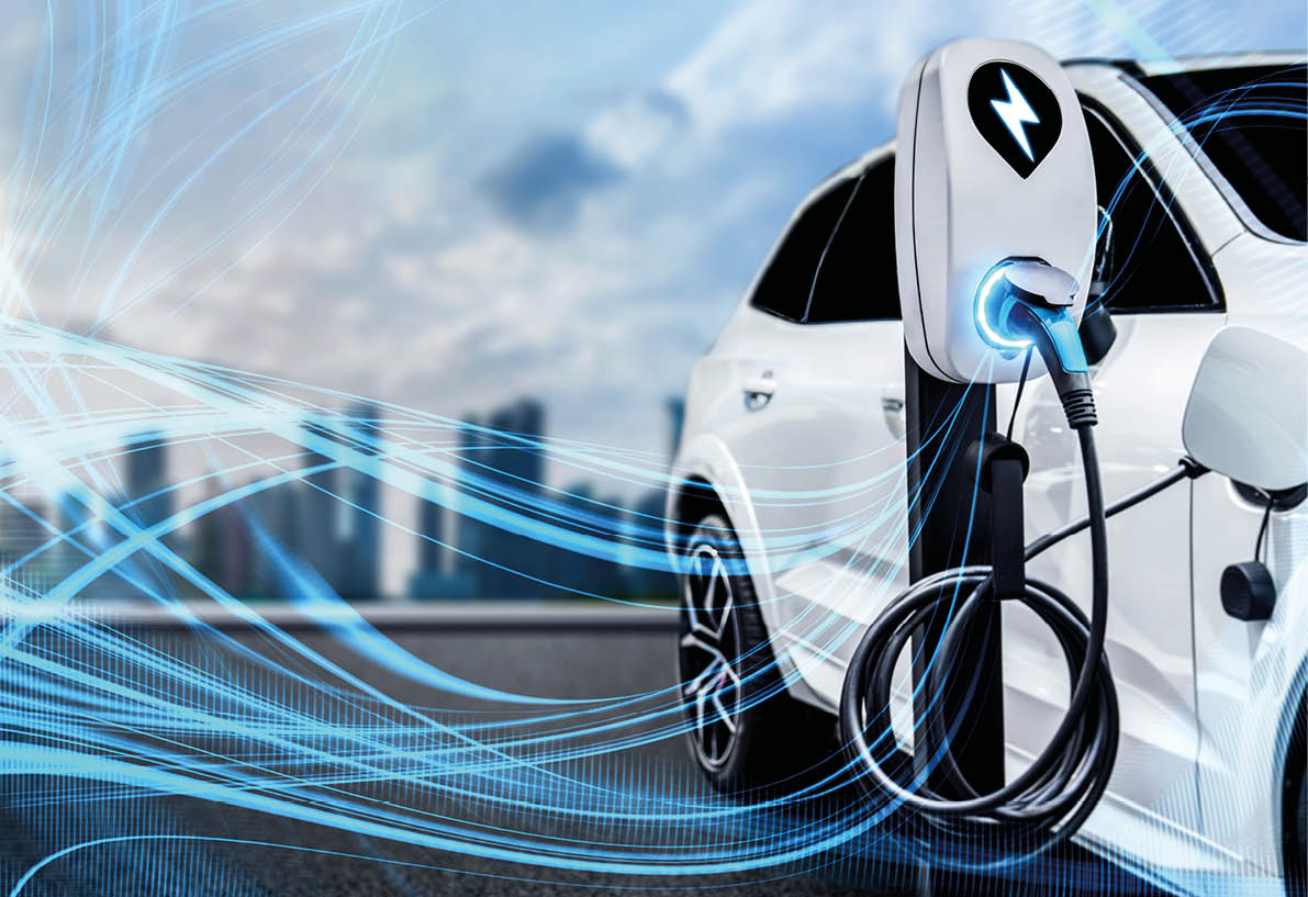 EV charging station for electric car in concept of green energy and eco power produced from sustainable source to supply to charger station in order to reduce CO2 emission .