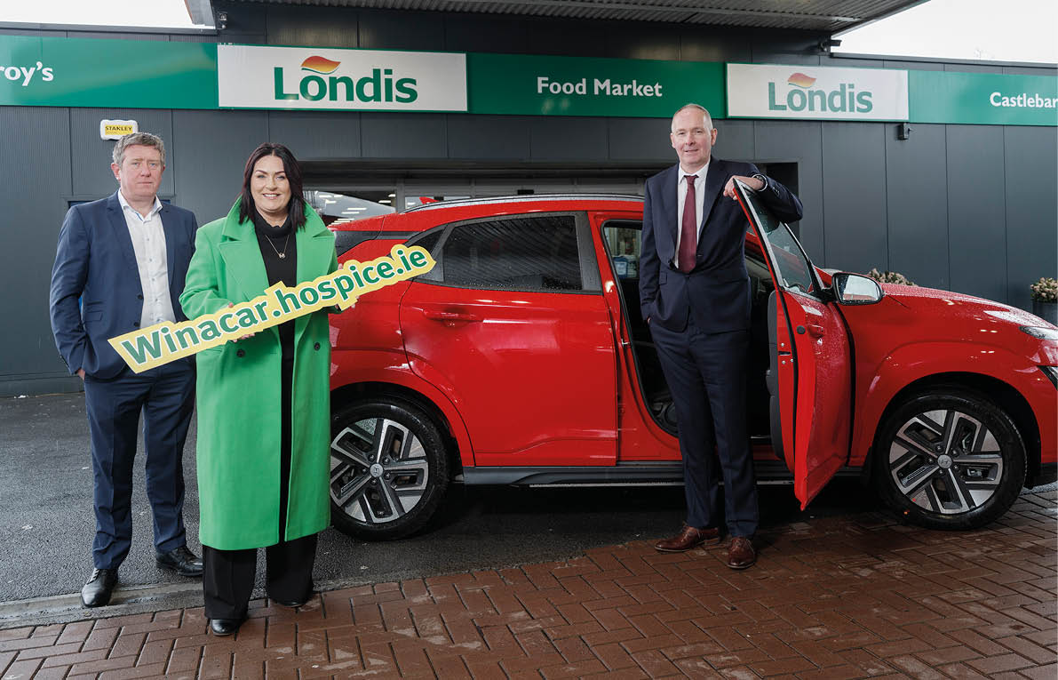 Mayo Roscommon Hospice Foundation Celebrating 30 Years with Car Draw for a A Hyundai Kona Electric donated by Alan Mulroy, Proprietor of Mulroys Londis Service Station, Castlebar. Pictured at the launch of the draw for the car Shane Hopkins (Regional Manager Londis), Martina Jennings (CEO MRHF) and Alan Mulroy (Proprietor of Mulroys Londis Service Station) . Pic: Michael Mc Laughlin