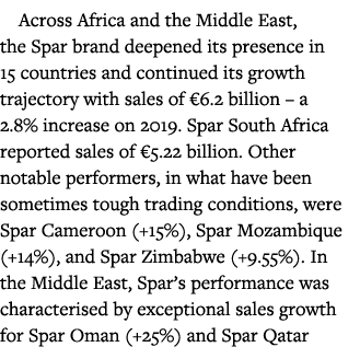 Across Africa and the Middle East, the Spar brand deepened its presence in 15 countries and continued its growth traj   