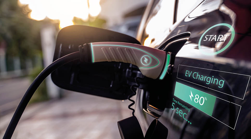 Power cable pump plug in charging power to electric vehicle EV car with modern technology UI control information display, car fueling station connected power cable alternative sustainable eco energy