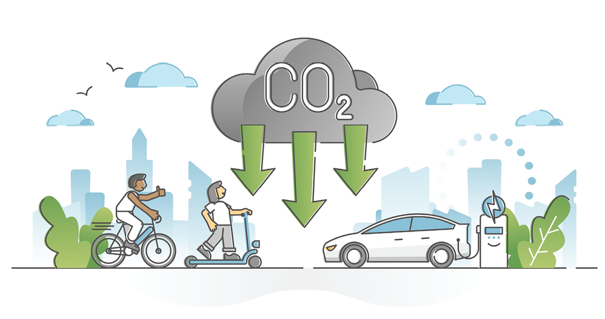CO2 carbon dioxide emission reduction by alternative energy outline concept  Using fuel gas free transportation to decrease greenhouse level vector illustration  Environmental pure air preservation 