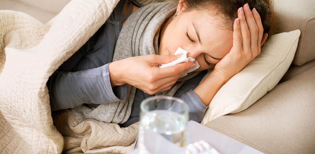 Sick Woman Flu Woman Caught Cold  Sneezing into Tissue  Headache  Virus  Medicines