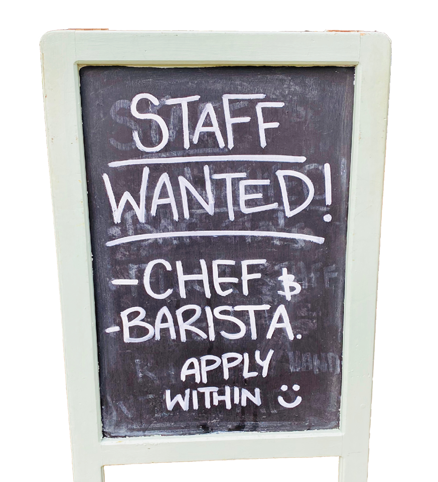 Port Douglas, Queensland, Australia - June 13th 2021: Chalkboard outside cafe seeking staff to fill vacancies - many hospitality venues have vacancies created by international border restrictions 