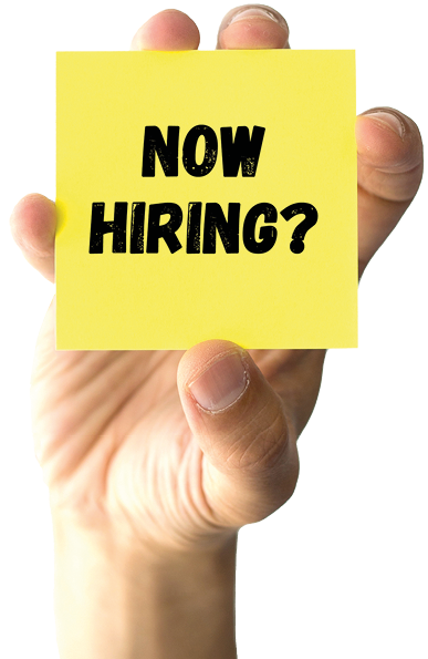 Hand holding yellow sticky note written NOW HIRING word