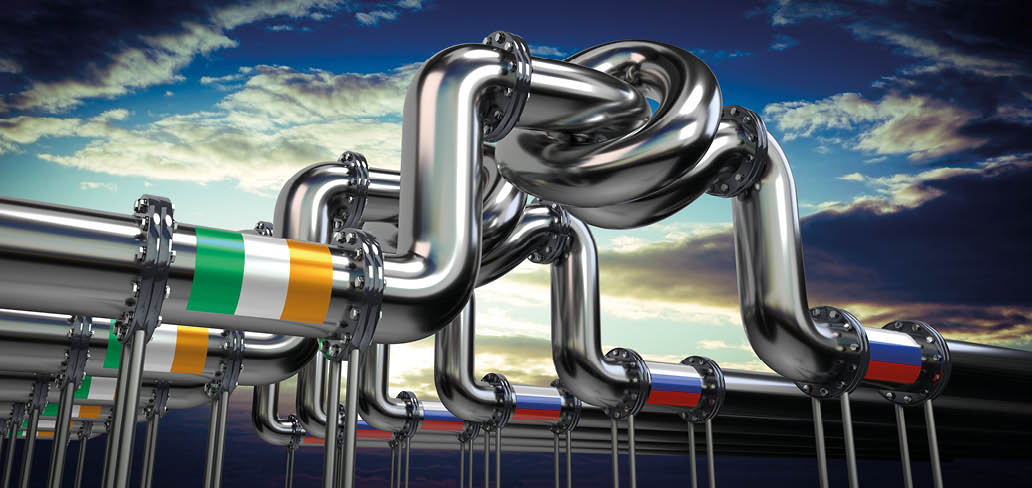 Oil or gas pipeline, flags of Ireland and Russia - 3D illustration