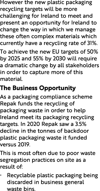 However the new plastic packaging recycling targets will be more challenging for Ireland to meet and present an oppor   