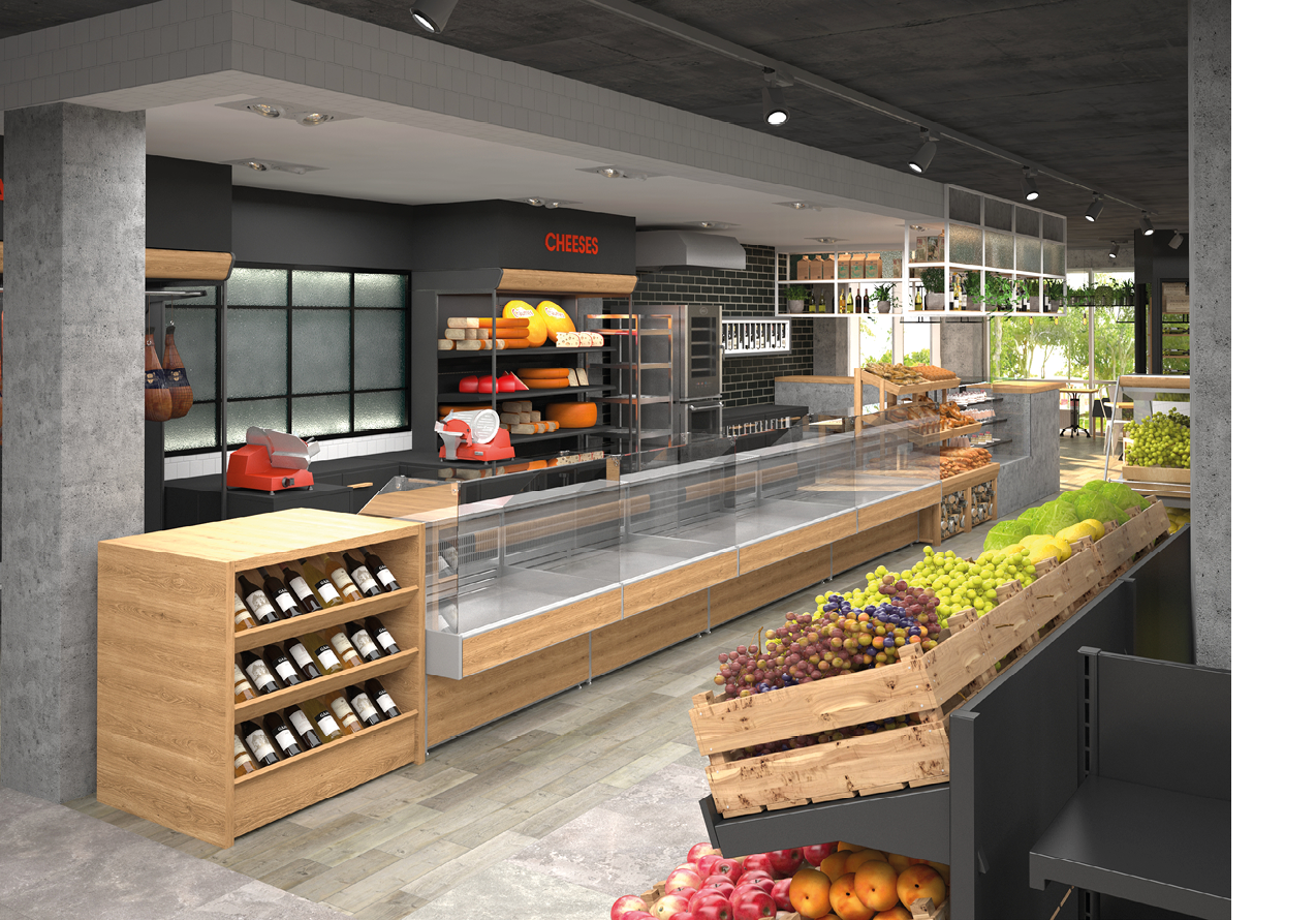 3D visualization of the interior of the grocery store  Design in loft style 