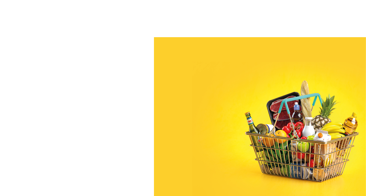 Shopping cart full of groceries on yellow background. Space for text