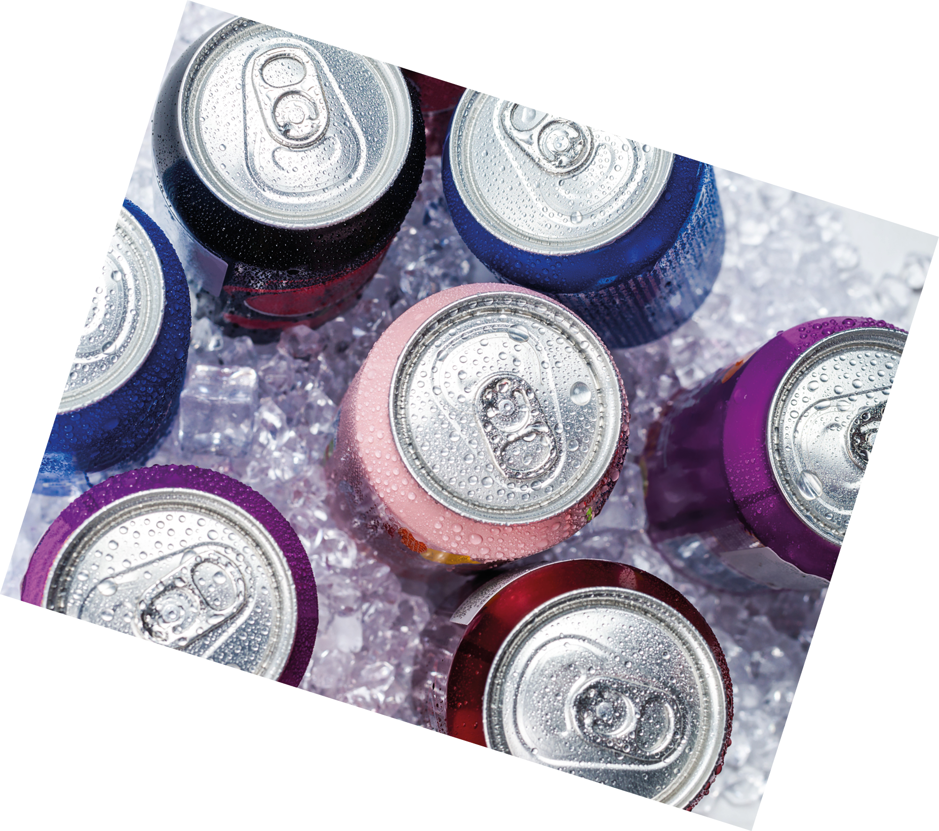 Group of aluminium cans in ice, cold drink. Top view.