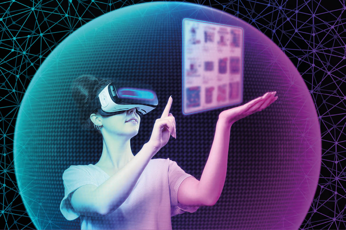 Collage of virtual reality. Portrait of young woman in VR glasses choice food at internet shop, point at digital screen. digital sphere. The concept of metaverse and online shopping.