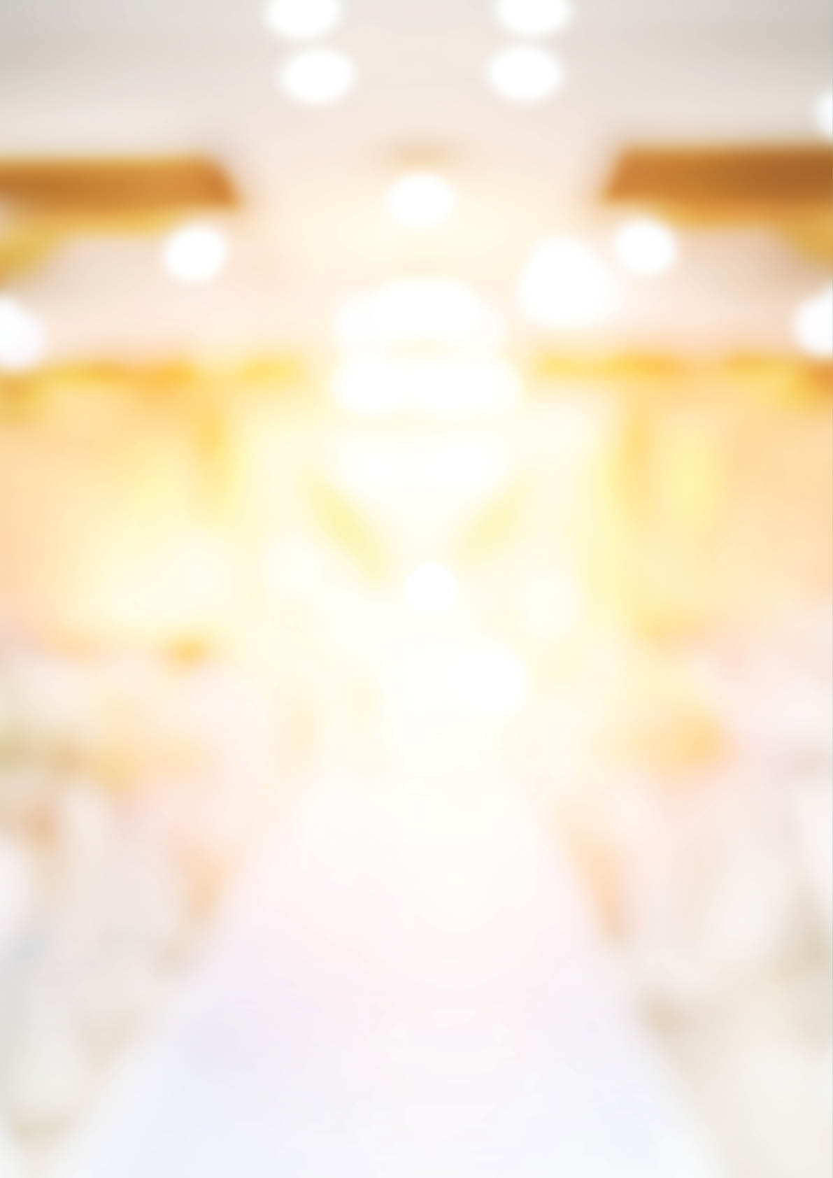 Blurred background of wedding party in hall at hotel during night with lots of tables set