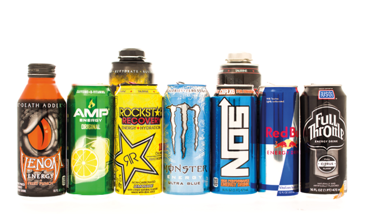 Winneconne, WI - 27 July 2015: Some of the biggest energy drinks on the consumer market. Red Bull, Monster, Amp, Rockstar, Full Throttle, NOS and Venom