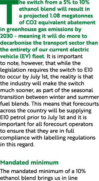 The switch from a 5% to 10% ethanol blend will result in a projected 1.08 megatonnes of CO2 equivalent abatement in g...