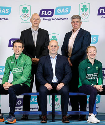 At the announcement at Flogas is now the Official Energy Partner of Team Ireland for the Paris 2024 Summer Olympics were (front row l/r), track and field athlete, Mark English, John Conroy, marketing manager, Flogas; boxer Amy Broadhurst. (Back row): John Rooney, managing director and Ken O’Byrne, commercial director, Flogas. Mandatory Credit ©INPHO/Ben Brady