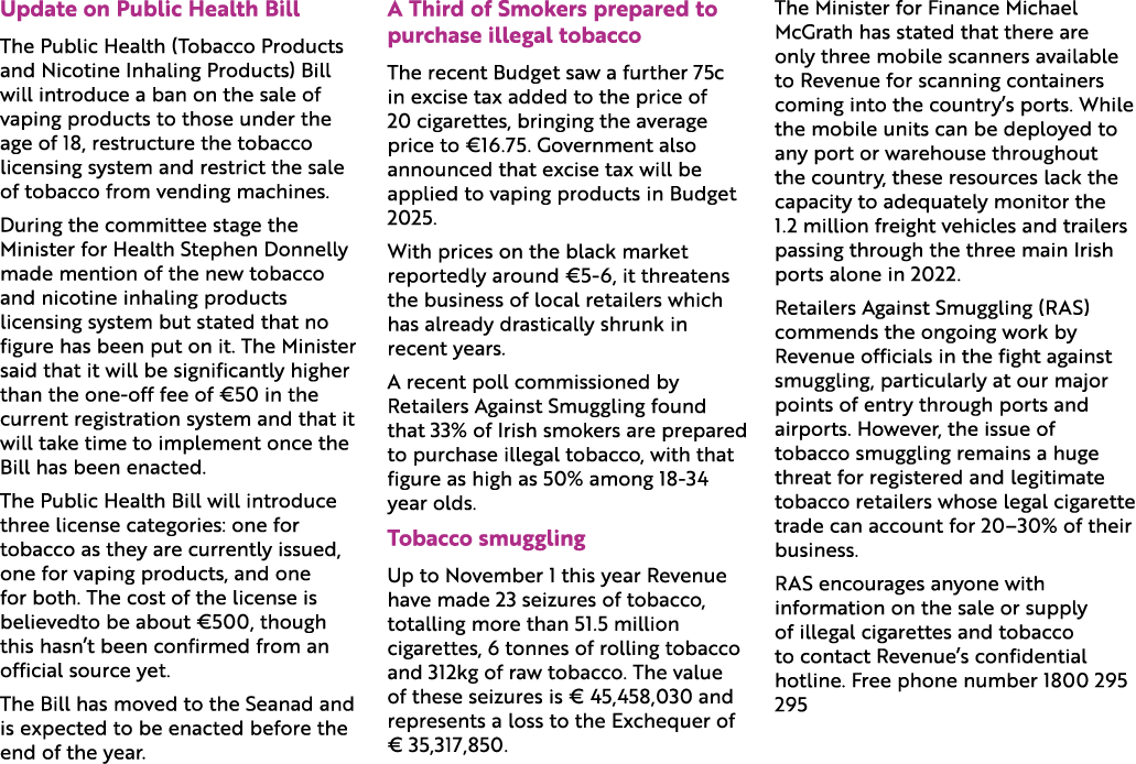 Update on Public Health Bill The Public Health (Tobacco Products and Nicotine Inhaling Products) Bill will introduce ...