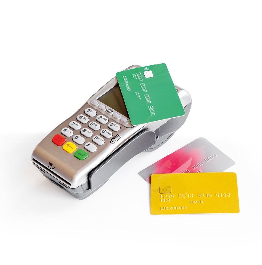 Pos payment terminal with credit card. Paying for shopping. E-commerce and business