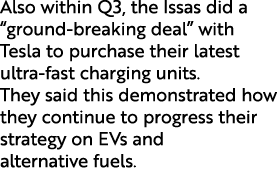 Also within Q3, the Issas did a “ground breaking deal” with Tesla to purchase their latest ultra fast charging units....