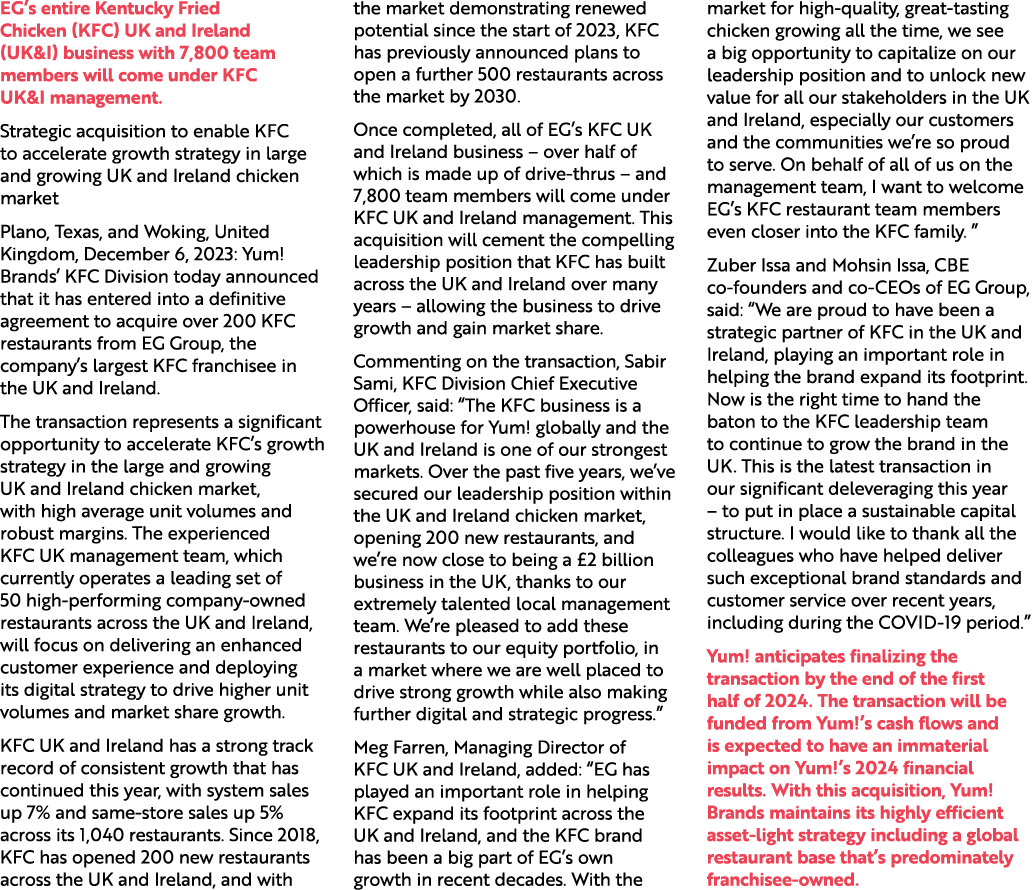 EG’s entire Kentucky Fried Chicken (KFC) UK and Ireland (UK&I) business with 7,800 team members will come under KFC U...