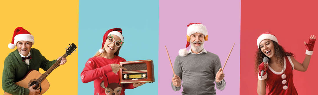 Set of people in Santa hats with different musical instruments and radio receivers on colorful background