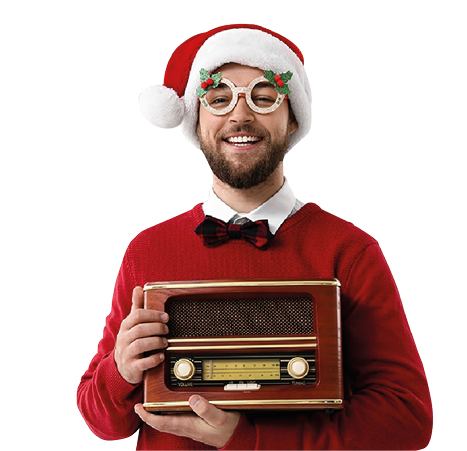 Set of people in Santa hats with different musical instruments and radio receivers on colorful background
