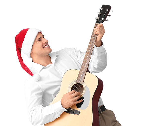 Set of people in Santa hats with different musical instruments and radio receivers on colorful background