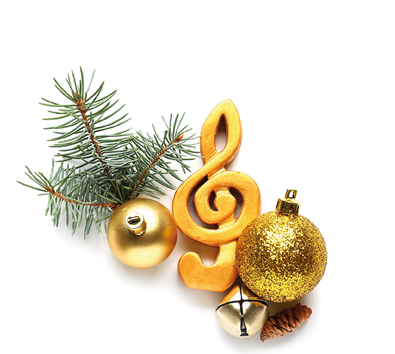Set of music note signs and Christmas decor on white background, top view
