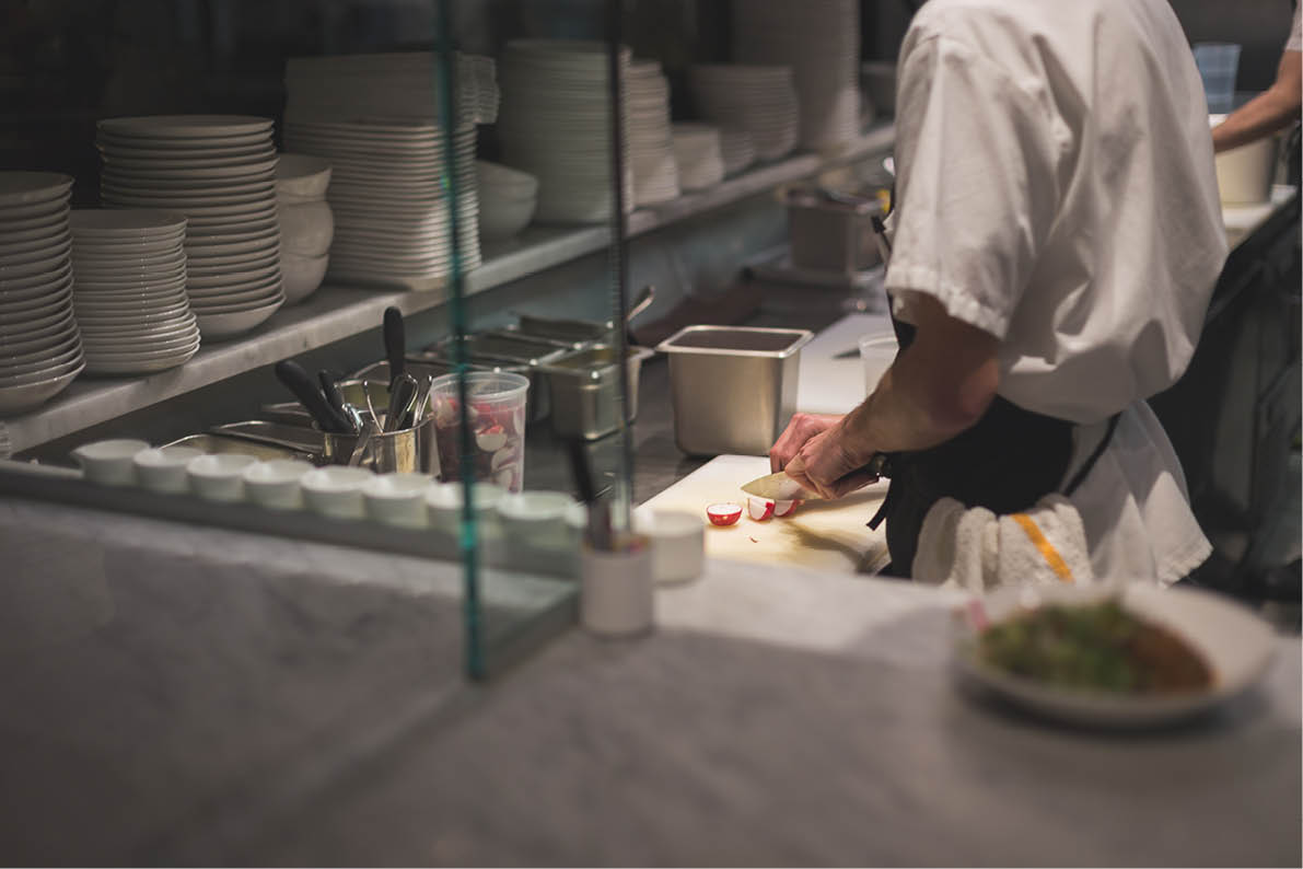 View into kitchen preparations for dinner service