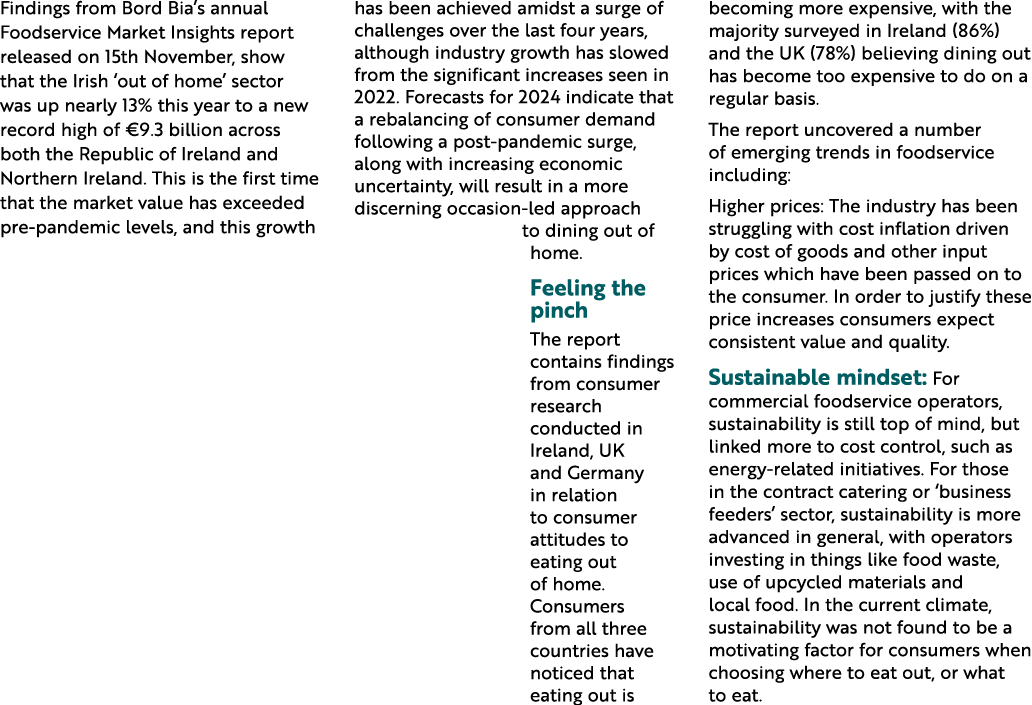 Findings from Bord Bia’s annual Foodservice Market Insights report released on 15th November, show that the Irish ‘ou...