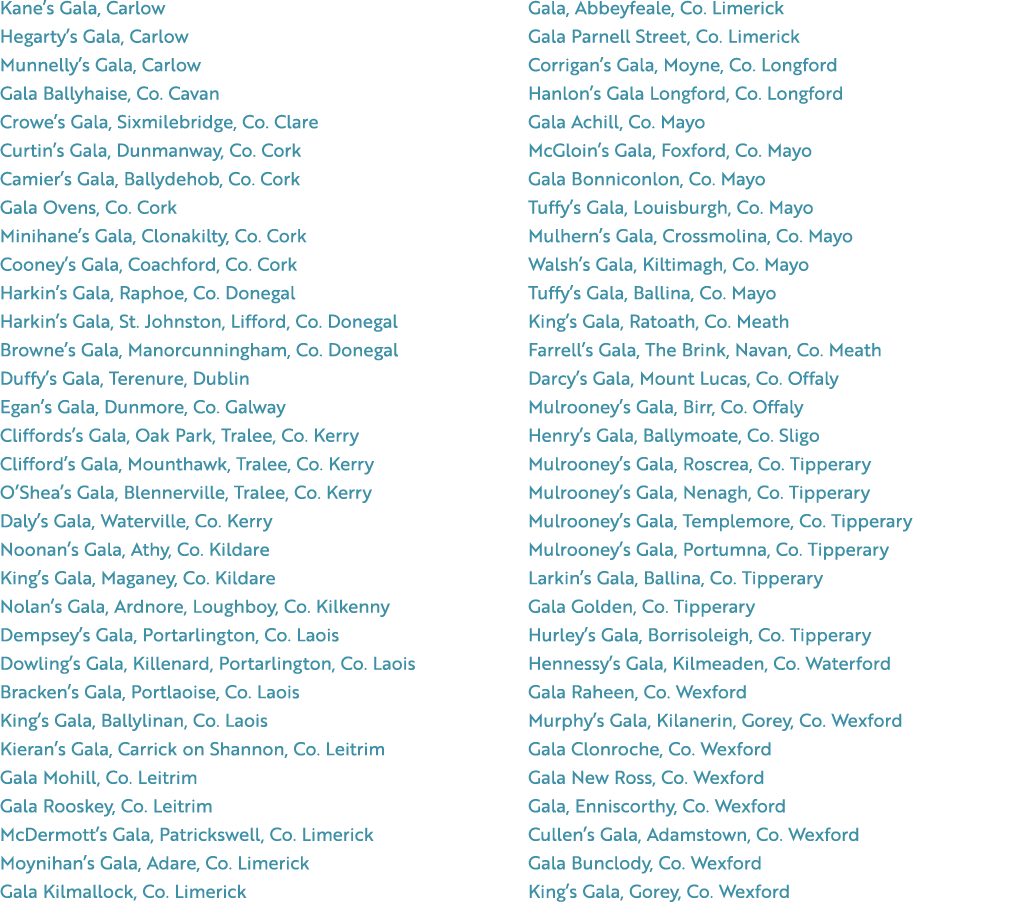 Kane’s Gala, Carlow Hegarty’s Gala, Carlow Munnelly’s Gala, Carlow Gala Ballyhaise, Co. Cavan Crowe’s Gala, Sixmilebr...