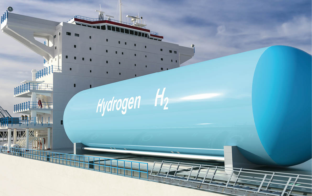 Liqiud Hydrogen renewable energy in vessel - LH2 hydrogen gas for clean sea transportation on container ship with composite cryotank for cryogenic gases. 3d rendering.