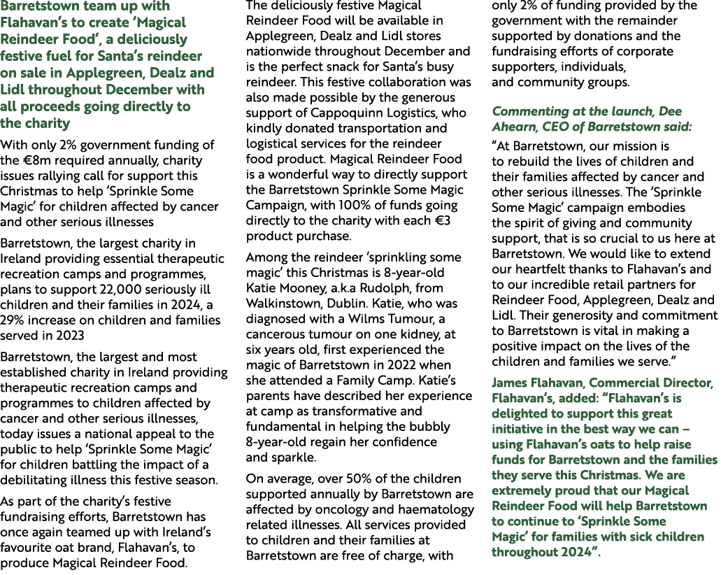 Barretstown team up with Flahavan’s to create ‘Magical Reindeer Food’, a deliciously festive fuel for Santa’s reindee...