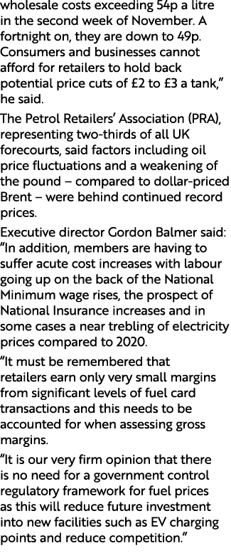 wholesale costs exceeding 54p a litre in the second week of November  A fortnight on, they are down to 49p  Consumers   