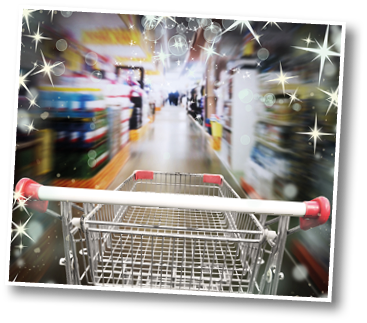 Shopping in supermarket  Shoping cart with christmas lights