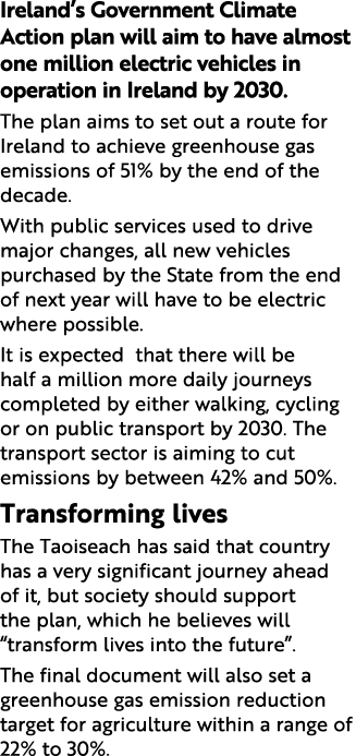 Ireland s Government Climate Action plan will aim to have almost one million electric vehicles in operation in Irelan   