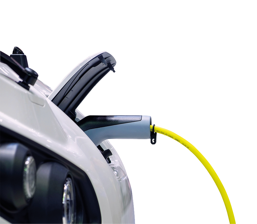 Close-up gripping of electric charge machine connected with plug for charging battery on smart car (EV Car), Electric power is an alternative fuel for smart vehicles, isolated on white background