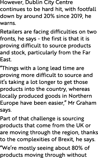 However, Dublin City Centre continues to be hard hit, with footfall down by around 20% since 2019, he warns  Retailer   