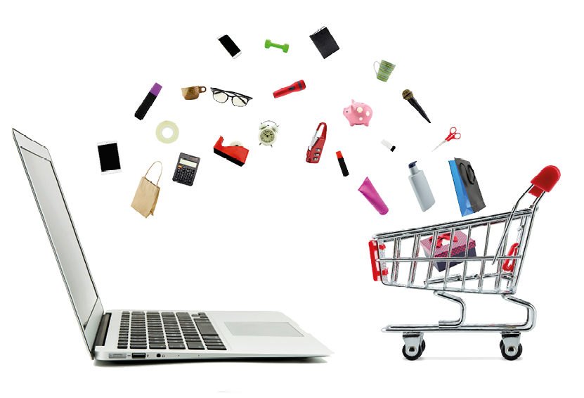 Shopping cart and laptop computer with products isolated on white background, shop online concept 