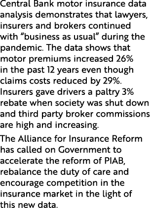 Central Bank motor insurance data analysis demonstrates that lawyers, insurers and brokers continued with  business a   