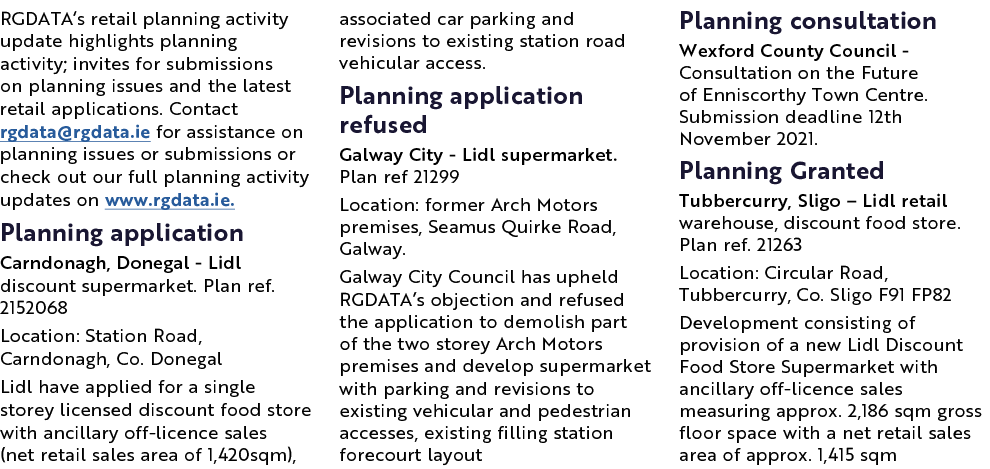 RGDATA s retail planning activity update highlights planning activity; invites for submissions on planning issues and   