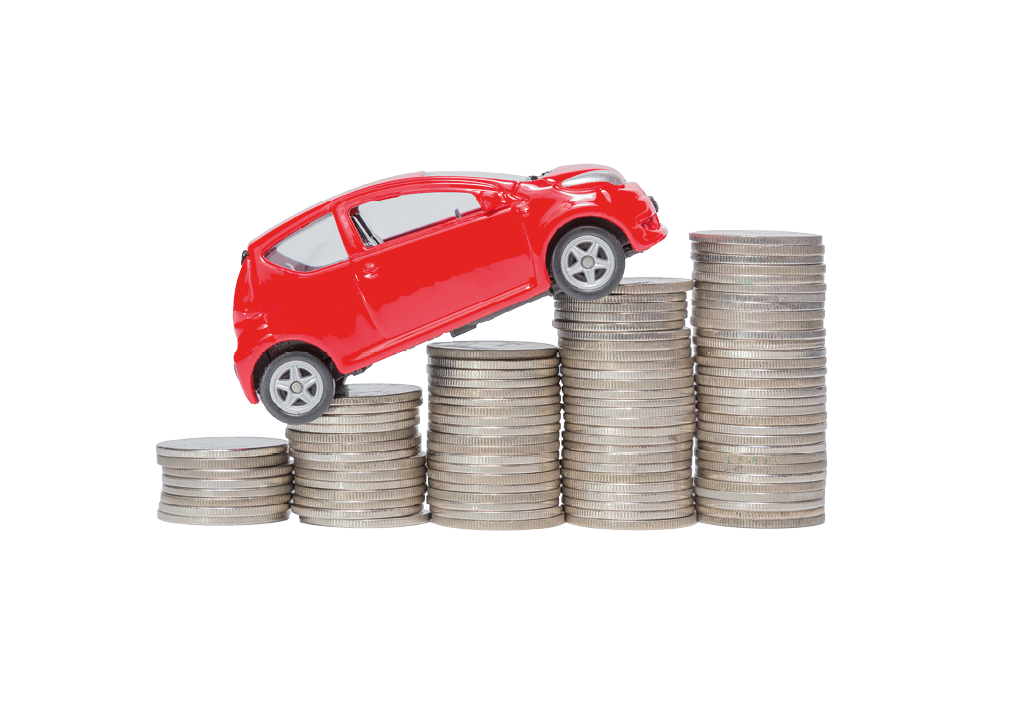 a car stand on a stack of coins isolated on white background