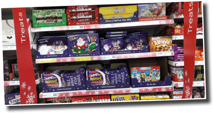 Limerick, Ireland - Nov 8th, 2017: Famous Christmas tradition in Ireland and the UK, giving Christmas chocolate selection boxes  Selection of chocolates and chocolate candy sweets on shelves in store