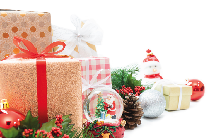 Christmas and New Year holidays gift box with decorative ornament on table with falling snow effect banner Merry Christmas & Happy New Year 2019 Gifts and congratulations concept 