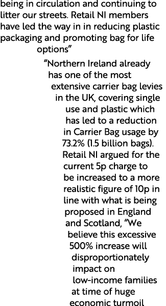 being in circulation and continuing to litter our streets  Retail NI members have led the way in in reducing plastic    
