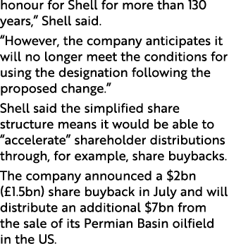 honour for Shell for more than 130 years,  Shell said   However, the company anticipates it will no longer meet the c   